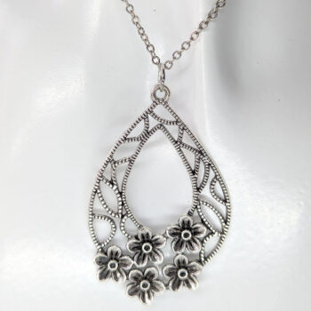 Antique Silver Teardrop with Flowers Vintage Style Necklace