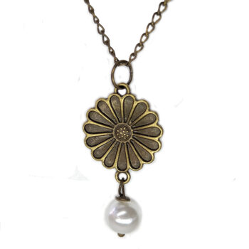 Antique Bronze Dainty Daisy Flower With Pearl Necklace