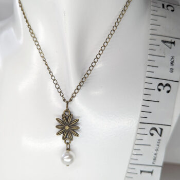 Antique Bronze Dainty Daisy Flower With Pearl Necklace - Image 3