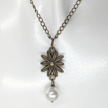 Antique Bronze Dainty Daisy Flower With Pearl Necklace - Image 2