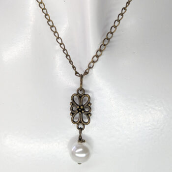 Filigree Rectangle Antique Bronze Pearl Necklace - Image 3