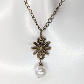 Antique Bronze Dainty Daisy Flower With Pearl Necklace - Image 4