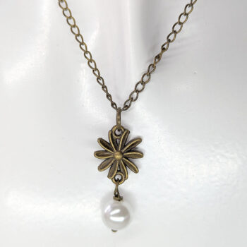 Antique Bronze Dainty Daisy Flower With Pearl Necklace - Image 5