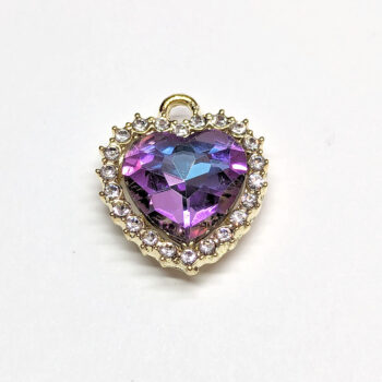 Purple Lilac Recessed Rhinestone Clear Heart Charm Gold