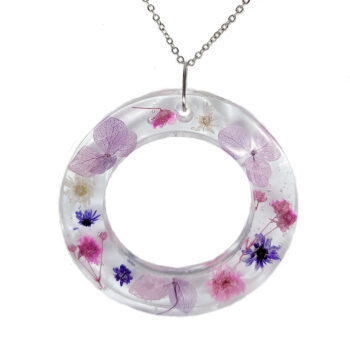 Real Dried Purple Flowers Large Hoop Resin Necklace