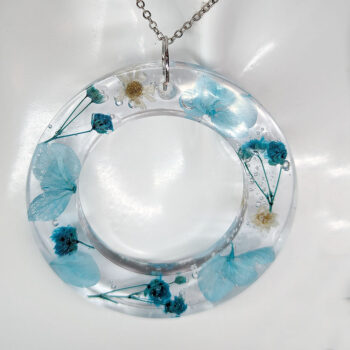 Real Dried Blue Flowers Large Hoop Resin Necklace