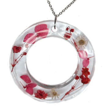 Real Dried Red Flowers Large Hoop Resin Necklace