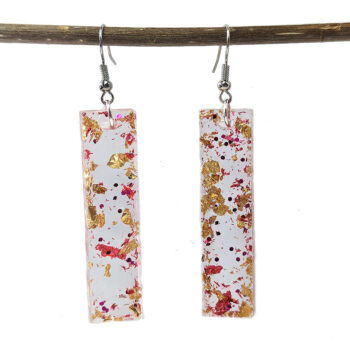 Hot Pink Glitter Gold Leaf Mica Long Rectangle Resin Earrings