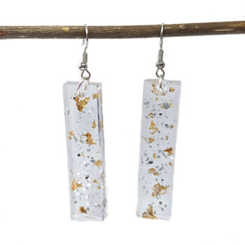 Silver Glitter Gold Leaf Mica Long Rectangle Resin Earrings