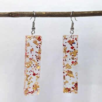 Red Glitter Gold Leaf Mica Long Rectangle Resin Earrings - Image 3