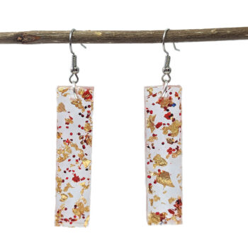 Red Glitter Gold Leaf Mica Long Rectangle Resin Earrings