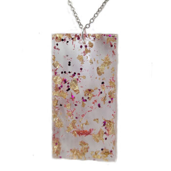 Pink Glitter Gold Leaf Mica Large Rectangle Resin Necklace