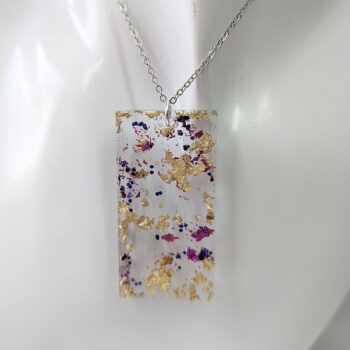 Purple Glitter Gold Leaf Mica Large Rectangle Resin Necklace