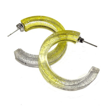 Clear Yellow Silver Glitter Hoop Resin Earrings