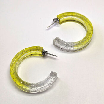 Clear Yellow Silver Glitter Hoop Resin Earrings - Image 5