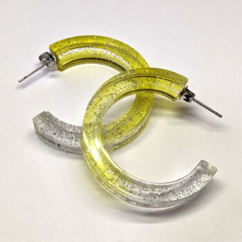 Clear Yellow Silver Glitter Hoop Resin Earrings - Image 3