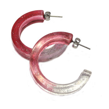 Clear Cranberry Red Silver Glitter Hoop Resin Earrings