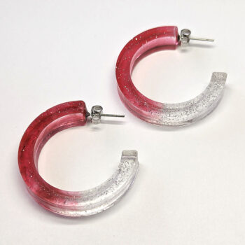 Clear Cranberry Red Silver Glitter Hoop Resin Earrings - Image 5