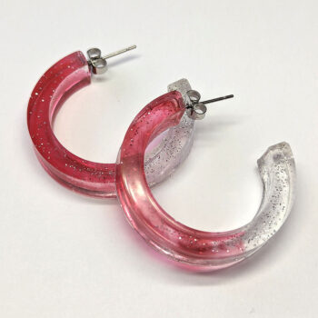 Clear Cranberry Red Silver Glitter Hoop Resin Earrings - Image 3