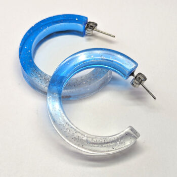 Clear Blue Silver Glitter Hoop Resin Earrings - Image 5