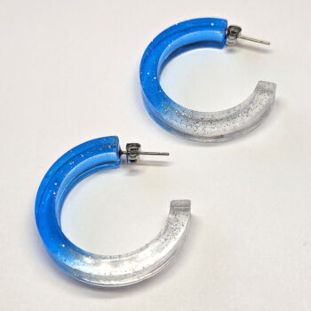 Clear Blue Silver Glitter Hoop Resin Earrings - Image 3