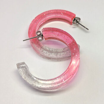 Clear Pink Salmon Silver Glitter Hoop Resin Earrings - Image 5