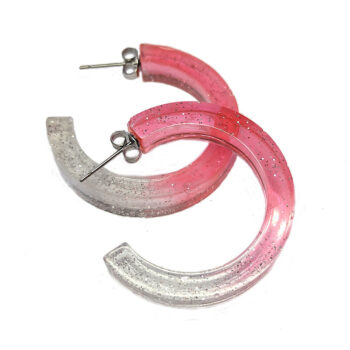 Clear Pink Salmon Silver Glitter Hoop Resin Earrings