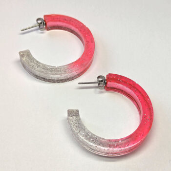 Clear Pink Salmon Silver Glitter Hoop Resin Earrings - Image 3