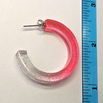 Clear Pink Salmon Silver Glitter Hoop Resin Earrings - Image 2