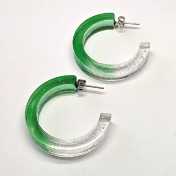 Clear Green Silver Glitter Hoop Resin Earrings - Image 3