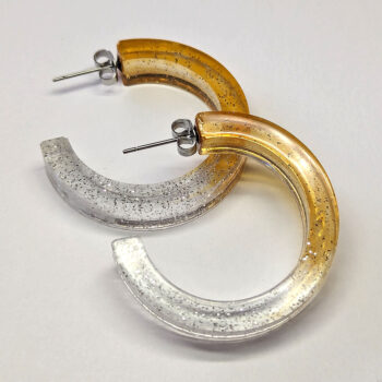 Clear Golden Orange Silver Glitter Hoop Resin Earrings - Image 5