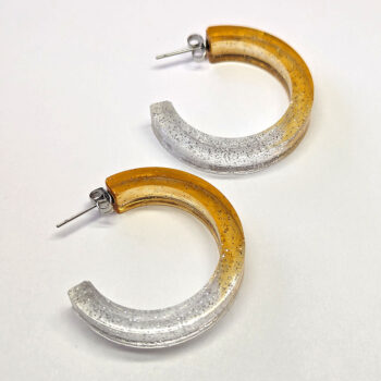 Clear Golden Orange Silver Glitter Hoop Resin Earrings - Image 3