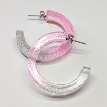 Clear Pink Silver Glitter Hoop Resin Earrings - Image 6