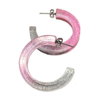 Clear Pink Silver Glitter Hoop Resin Earrings