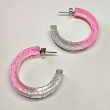 Clear Pink Silver Glitter Hoop Resin Earrings - Image 3