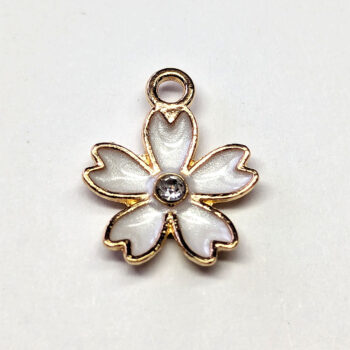 White Flower With Rhinestone Enamel Charm Gold