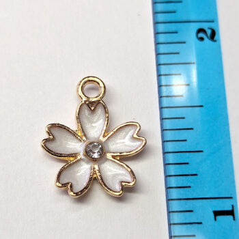 White Flower With Rhinestone Enamel Charm Gold - Image 2