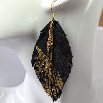 Black Leather Splashes Leaf / Feather Gold Chain Earrings - Image 4