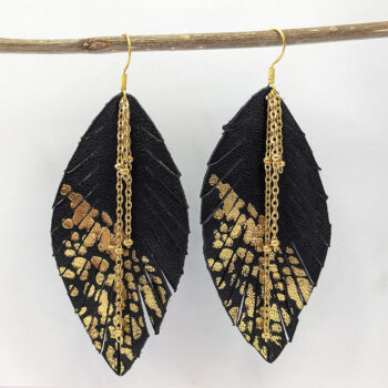 Black Leather Splashes Leaf / Feather Gold Chain Earrings - Image 5