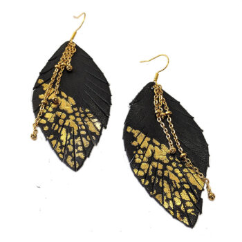 Black Leather Splashes Leaf / Feather Gold Chain Earrings