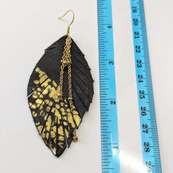 Black Leather Splashes Leaf / Feather Gold Chain Earrings - Image 2