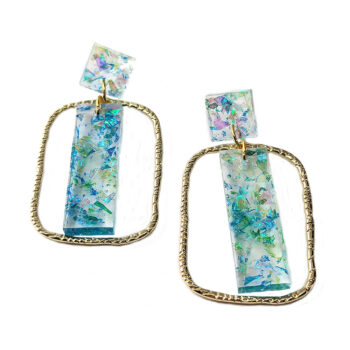 Rectangle Flecks Green Blue Mica Resin Gold Hoop Earrings