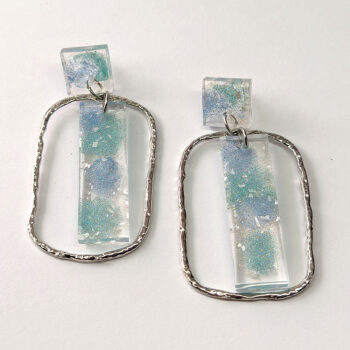 Rectangle Flecks Green Blue Mica Resin Silver Hoop Earrings - Image 5