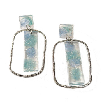 Rectangle Flecks Green Blue Mica Resin Silver Hoop Earrings