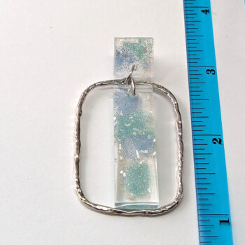 Rectangle Flecks Green Blue Mica Resin Silver Hoop Earrings - Image 3