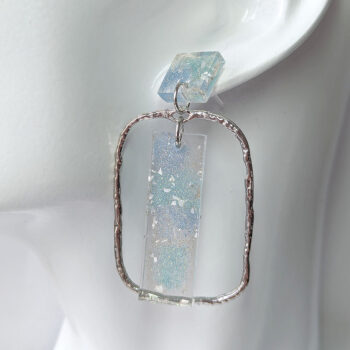 Rectangle Flecks Green Blue Mica Resin Silver Hoop Earrings - Image 2