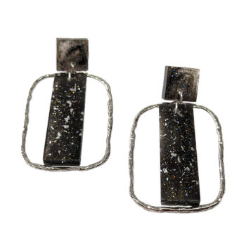 Rectangle Black Flecks Mica Resin Silver Hoop Earrings