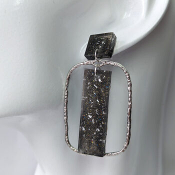 Rectangle Black Flecks Mica Resin Silver Hoop Earrings - Image 3