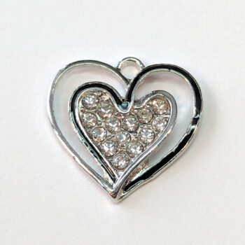 Clear Rhinestone Hollow Black Double Heart Charm Silver