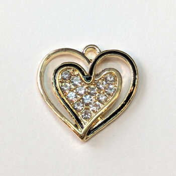 Clear Rhinestone Hollow Black Double Heart Charm Gold